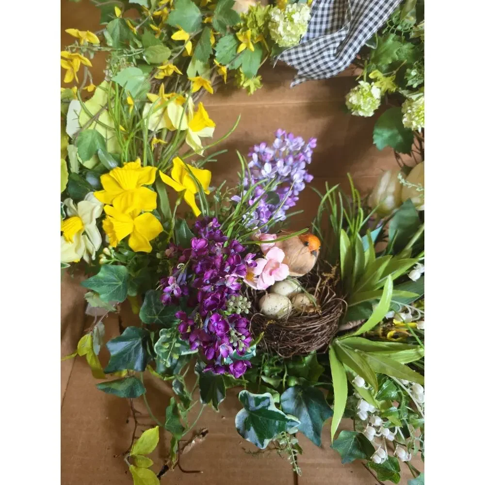 Handmade Easter Spring Wreath Tulips Daisy's Bird nest Ivy Flowers 24